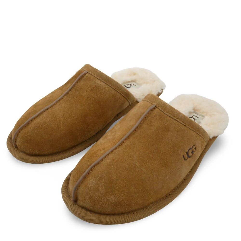 UGG Scuff Suede Women 6 Slippers Chestnut Sheepskin Shearling Lining House Shoes